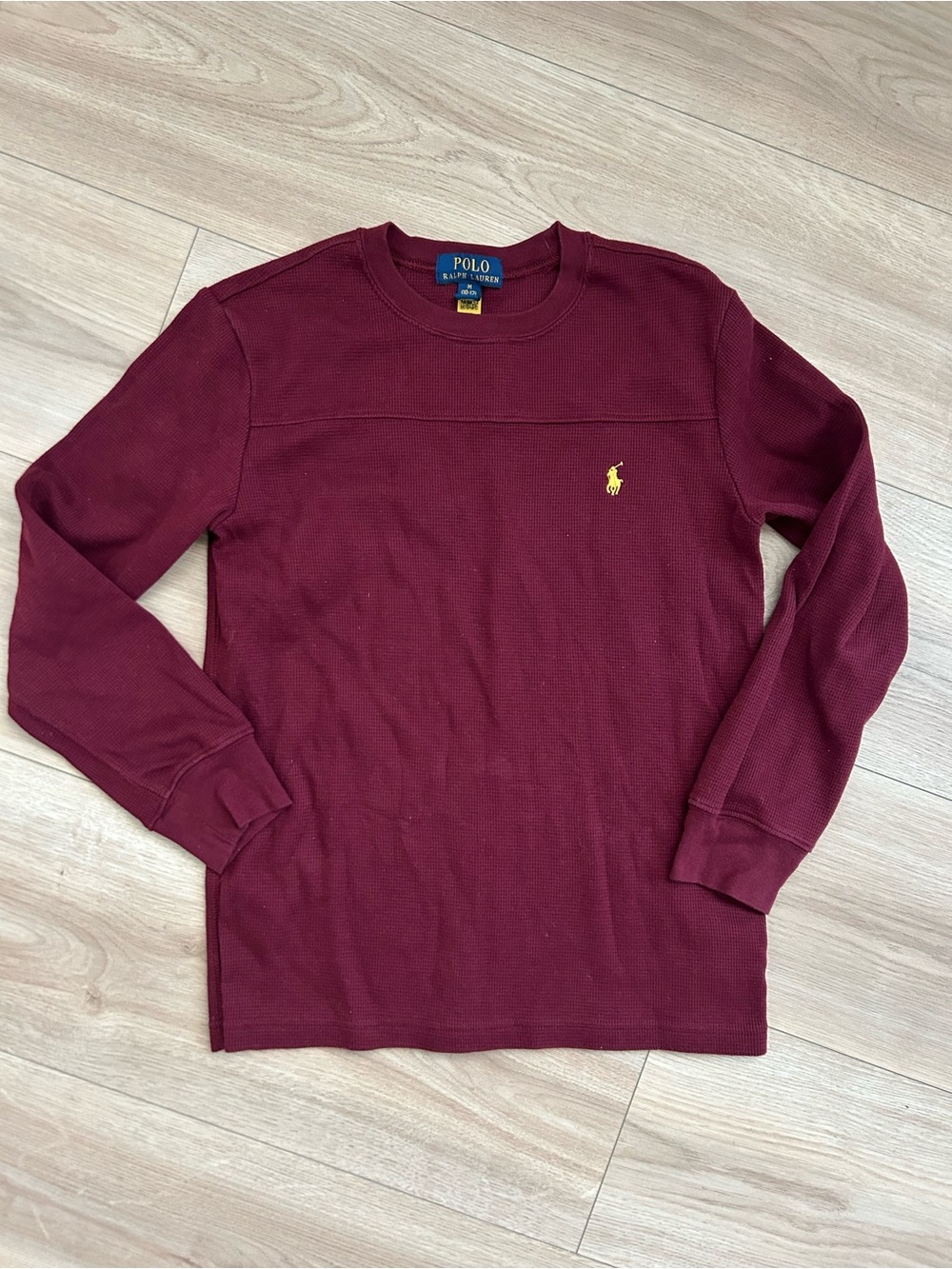 Polo by Ralph Lauren Kids Long-Sleeve Waffle Crew in Wine with Yellow Pony